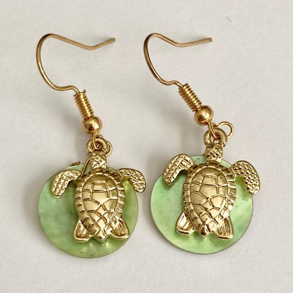 Gold Sea Turtle Shell Charm Earrings Plated Dangle Island Nautical Green Shells - Picture 4 of 8